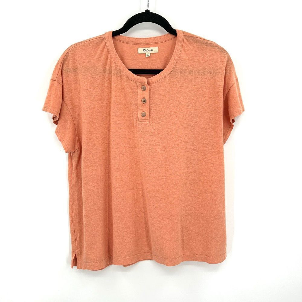 MADEWELL Women's Orange Hemp Cotton Brother Boxy Henley Tee Shirt Size Large